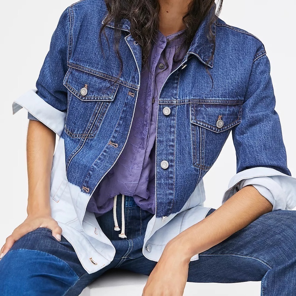 ANTHROPOLOGIE Evanna Dip-Dyed Trucker Blue Denim Button Jacket - Picture 2 of 11